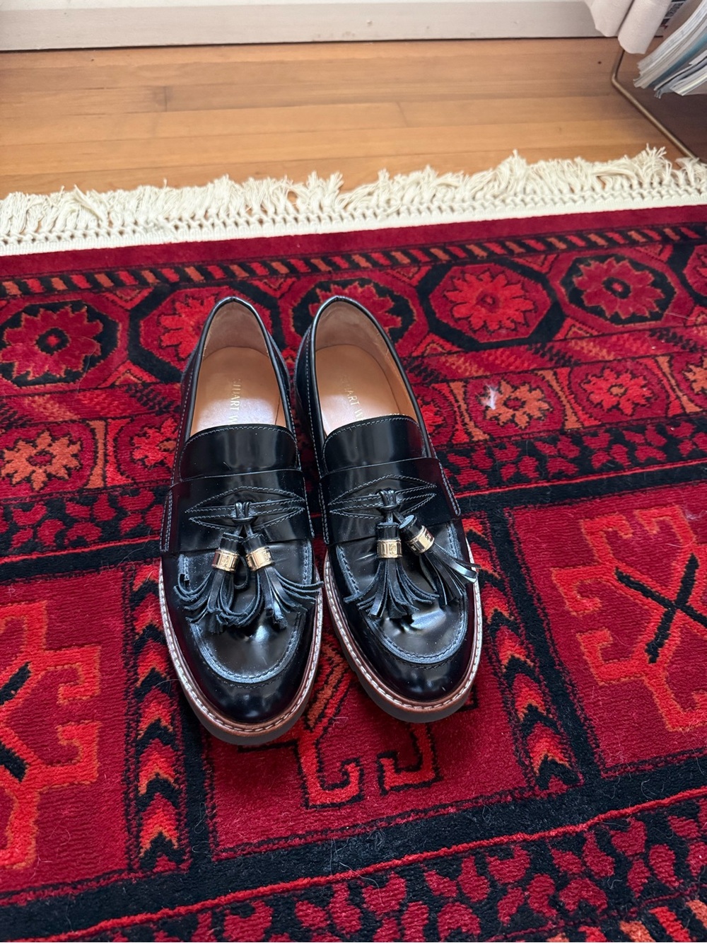 Stuart Weitzman Manila Black Leather Tassel Loafers